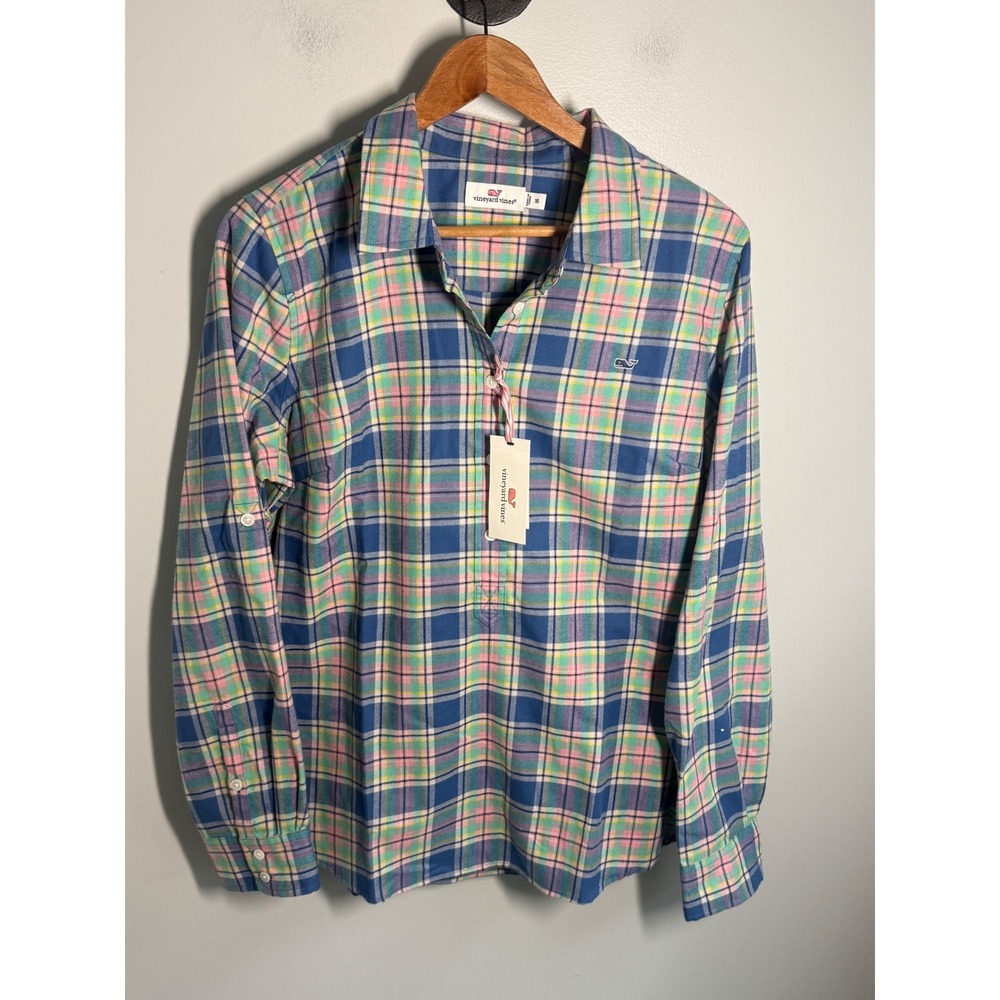 Vineyard Vines Womens Little River Plaid Popover Shirt Wipeout Blue Pink Size 16